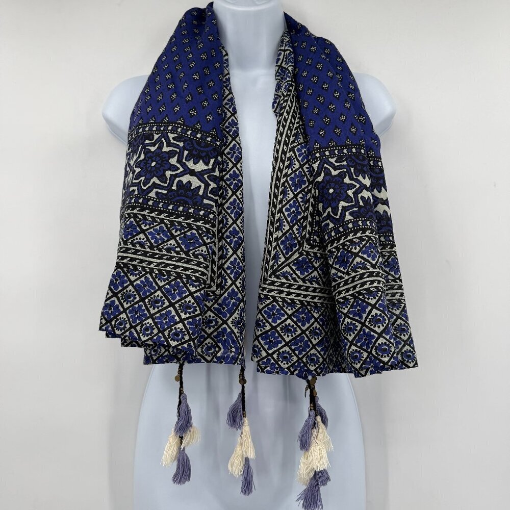 World Market Blue Black Ivory Patterned Rayon Scarf Tassel Wrap Winter NWT
